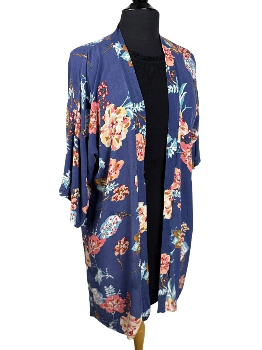 Blue Floral Boho Kimono Resort Beach Cover Up Poolside Duster One Size